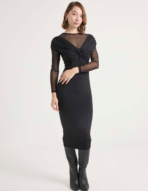 Vestido midi de fiesta Metropolis escote ilusión