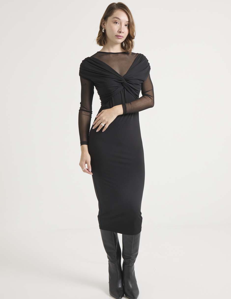 Vestido midi de fiesta escote ilusión
